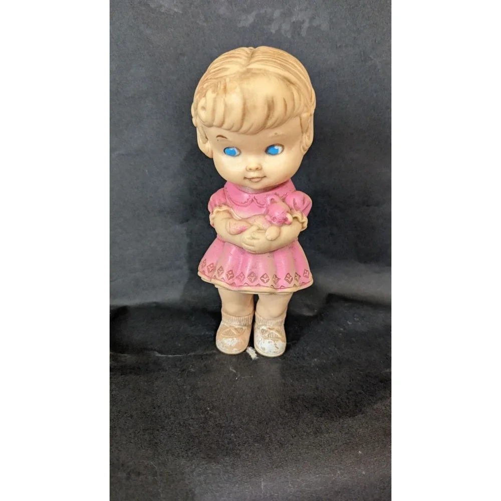 Vintage Edward Mobley Co Rubber Doll Girl Pink Dress Teddy Bear 1960s Squeak Toy